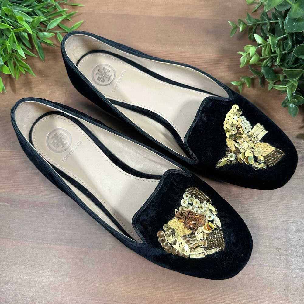 Tory Burch Women's Embellished Peace Smocking Flats Black Velvet Size 7.5
